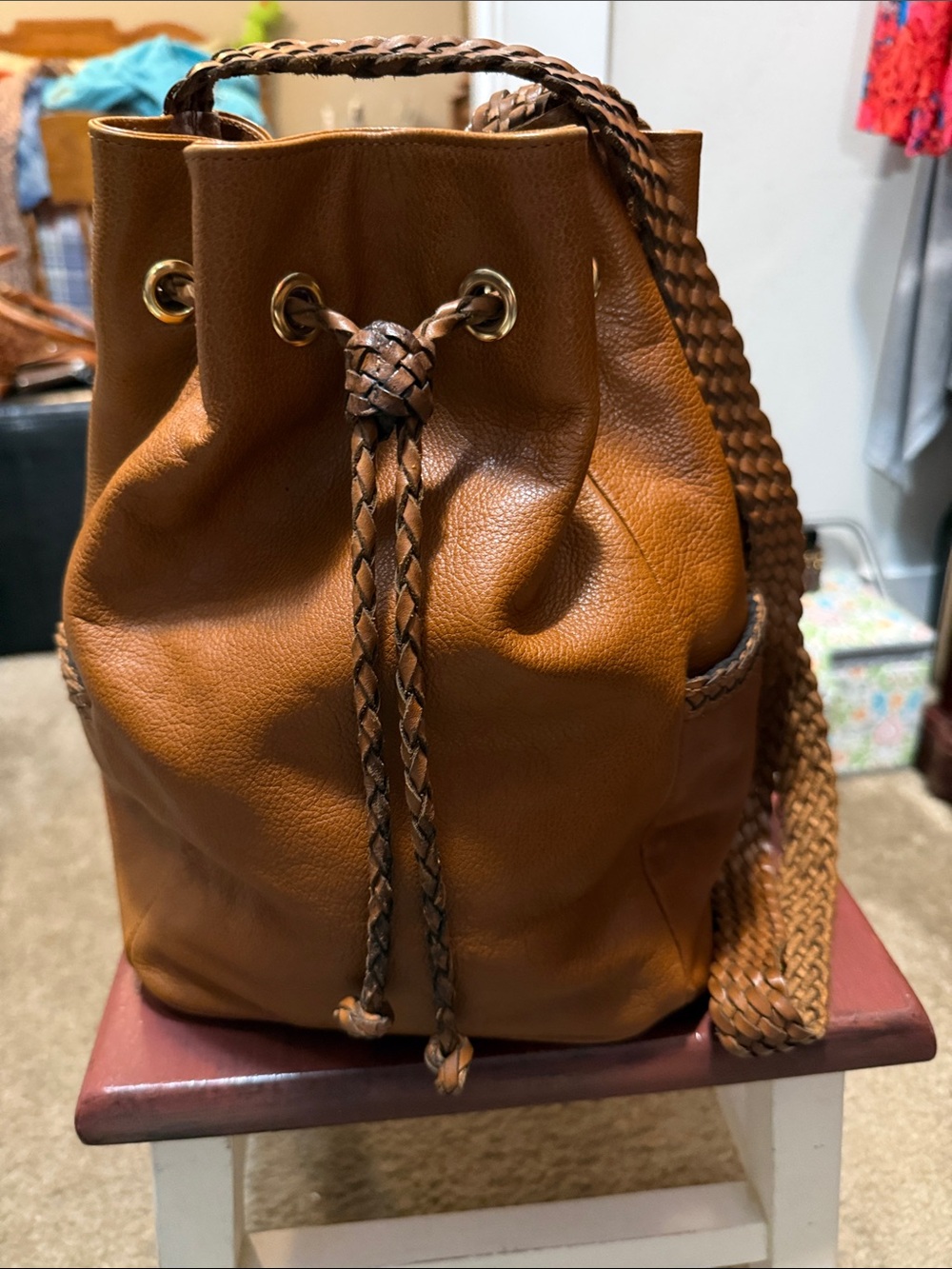 Vintage L.J.S. Collection Braided Drawstring Tan Leather Crossbody Bucket Bag